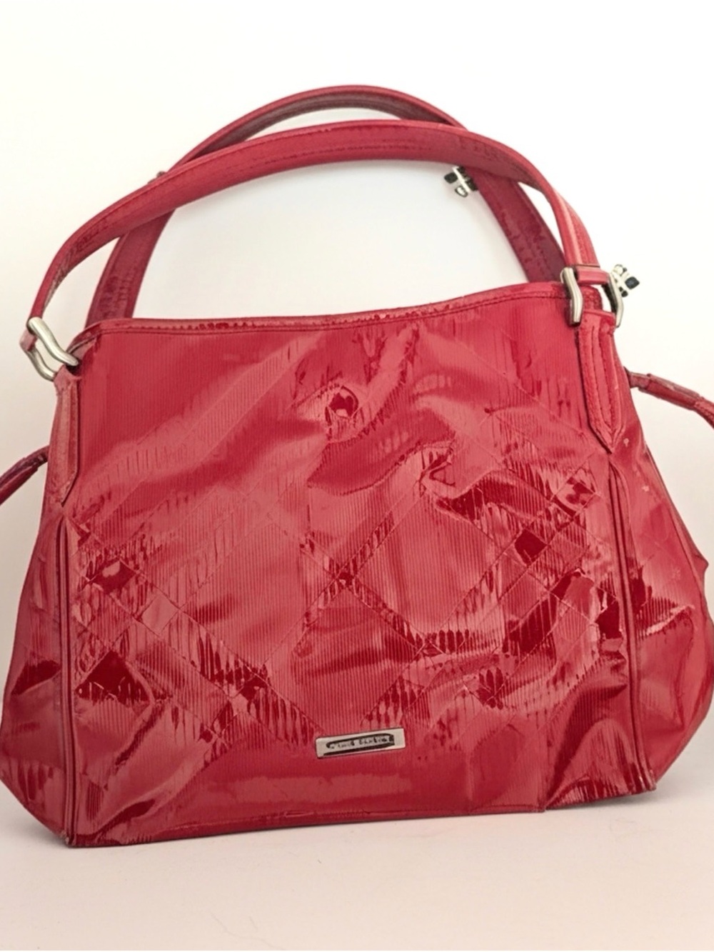 Authentic Burberry Patent Check Embossed Bilmore Handbag Purse - Rasberry